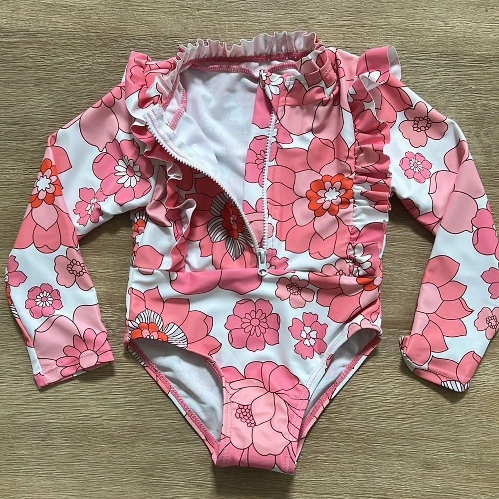 Retro Pink Floral Print Rashguard Swimsuit  18-24 months